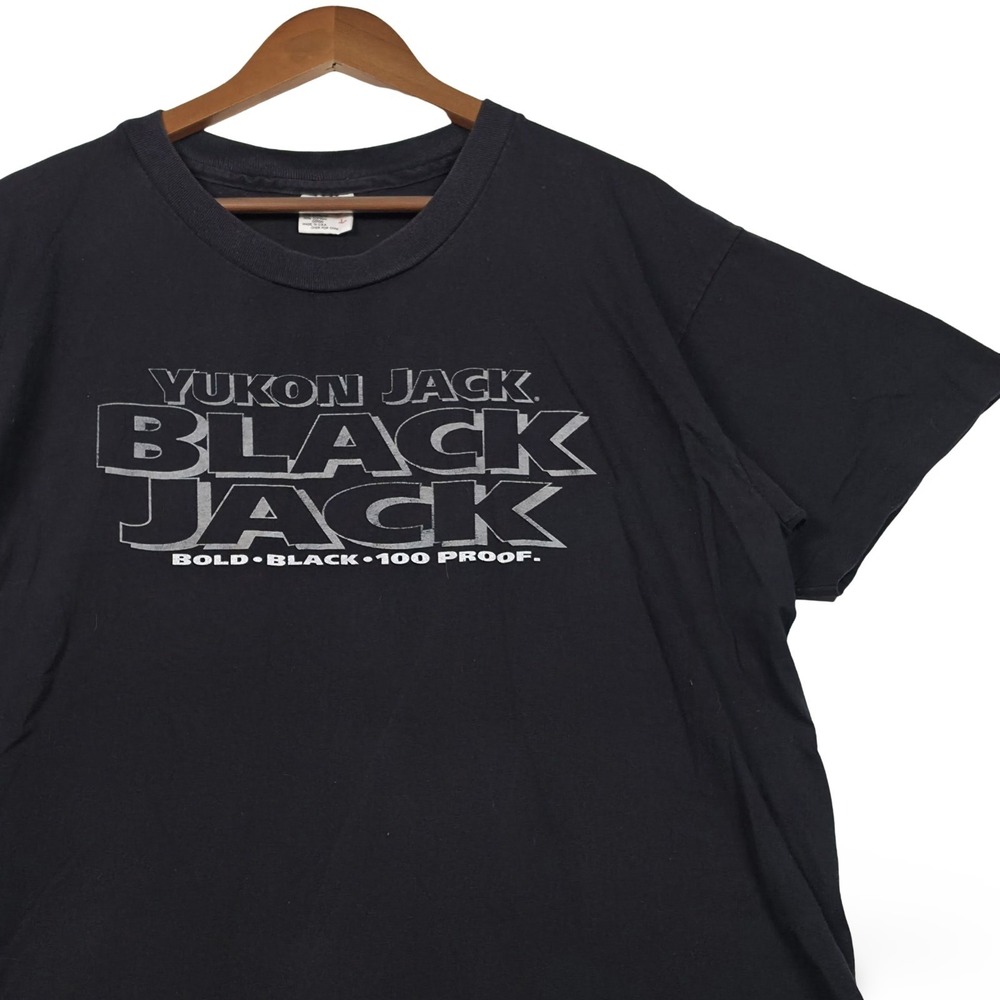 Vintage 90s Yukon Jack‎ Black Jack Whiskey T-Shirt Mens Large Made in USA Black